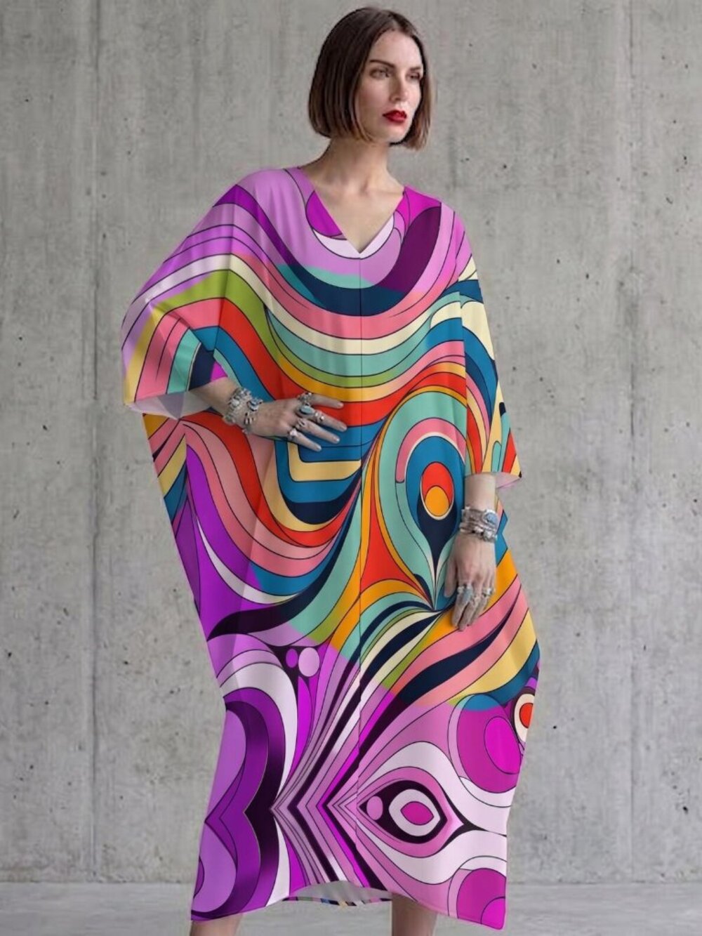 Pink Swirl Stripes V Neck Kaftan Maxi Dress, Plus Size Flowy Resort Caftan OS